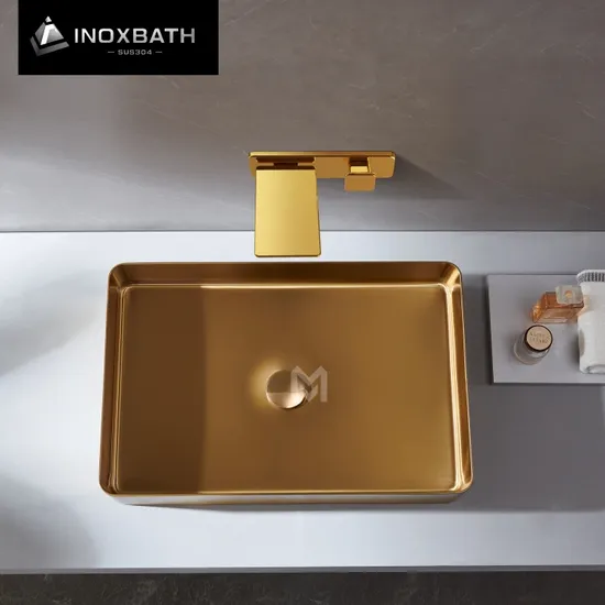 Lavabo de salle de bain moderne carré en acier inoxydable 304 doré, semi-comptoir de luxe